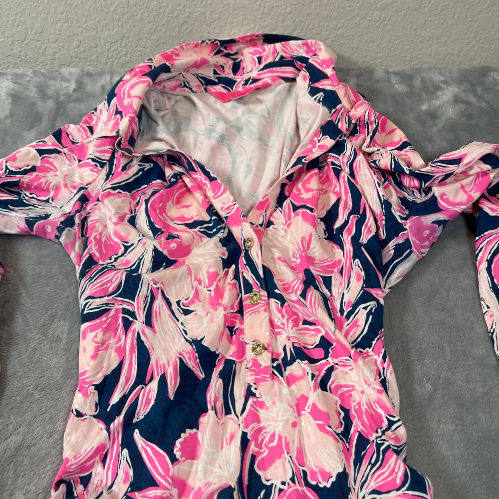 Lilly Pulitzer Pink Navy Floral Flamingo Maxi Dress Long Sleeve Small - Picture 3 of 8